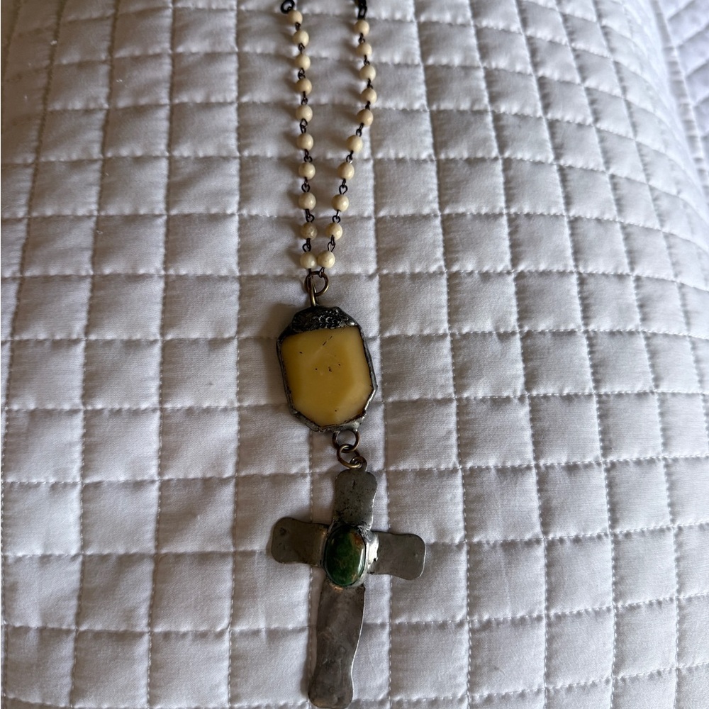 Artisan Silver Necklace with Green and Cream Accents